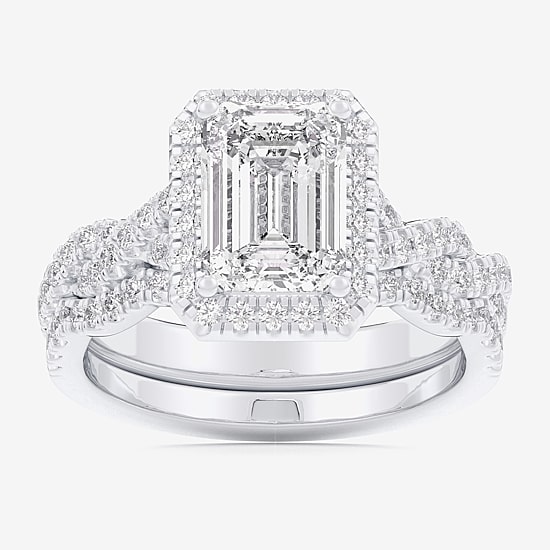 (G-H / Si1-Si2) Womens 1 1/2 CT. T.W. Lab Grown White Diamond 14K Gold Side Stone Halo Bridal Set
