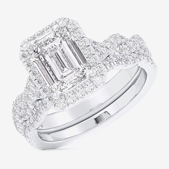 (G-H / Si1-Si2) Womens 1 1/2 CT. T.W. Lab Grown White Diamond 14K Gold Side Stone Halo Bridal Set