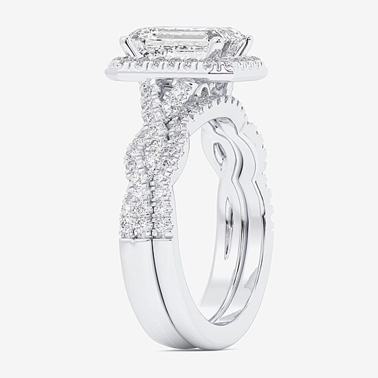 (G-H / Si1-Si2) Womens 1 1/2 CT. T.W. Lab Grown White Diamond 14K Gold Side Stone Halo Bridal Set