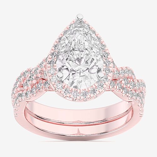 (G-H / Si1-Si2) Womens 1 1/2 CT. T.W. Lab Grown White Diamond 14K Gold Pear Side Stone Halo Bridal Set, 9, Rose
