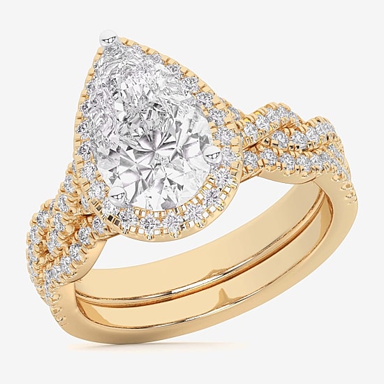 (G-H / Si1-Si2) Womens 1 1/2 CT. T.W. Lab Grown White Diamond 14K Gold Pear Side Stone Halo Bridal Set