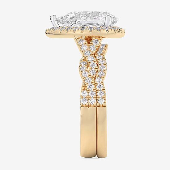 (G-H / Si1-Si2) Womens 1 1/2 CT. T.W. Lab Grown White Diamond 14K Gold Pear Side Stone Halo Bridal Set