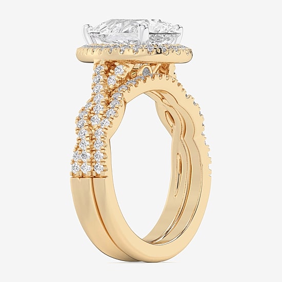 (G-H / Si1-Si2) Womens 1 1/2 CT. T.W. Lab Grown White Diamond 14K Gold Pear Side Stone Halo Bridal Set