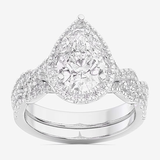 (G-H / Si1-Si2) Womens 2 3/4 CT. T.W. Lab Grown White Diamond 14K Gold Pear Side Stone Halo Bridal Set