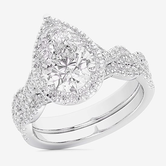 (G-H / Si1-Si2) Womens 2 3/4 CT. T.W. Lab Grown White Diamond 14K Gold Pear Side Stone Halo Bridal Set