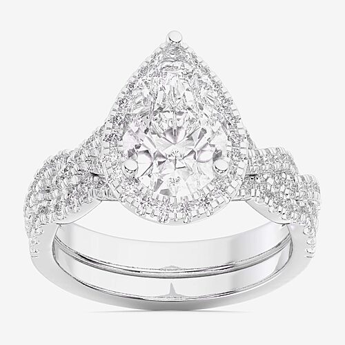 (G-H / Si1-Si2) Womens 3 3/4 CT. T.W. Lab Grown White Diamond 14K Gold Pear Side Stone Halo Bridal Set, 8, White