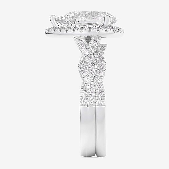 (G-H / Si1-Si2) Womens 3 3/4 CT. T.W. Lab Grown White Diamond 14K Gold Pear Side Stone Halo Bridal Set