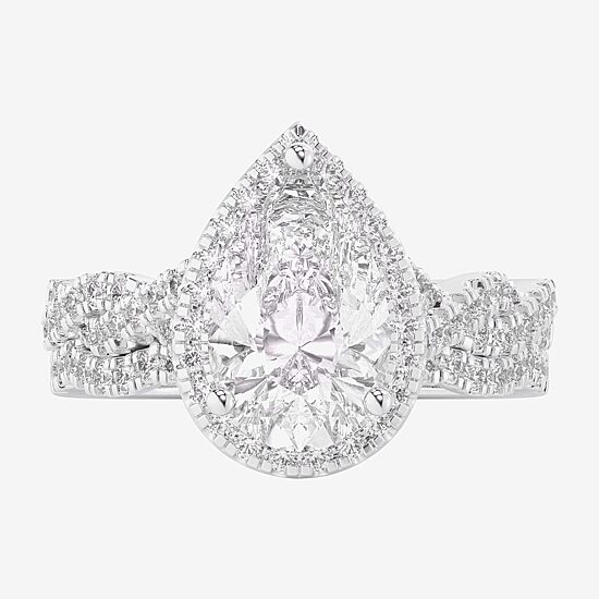 (G-H / Si1-Si2) Womens 3 3/4 CT. T.W. Lab Grown White Diamond 14K Gold Pear Side Stone Halo Bridal Set