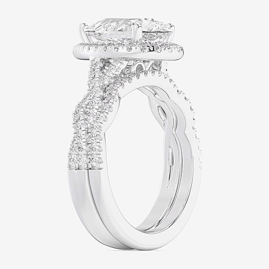 (G-H / Si1-Si2) Womens 3 3/4 CT. T.W. Lab Grown White Diamond 14K Gold Pear Side Stone Halo Bridal Set