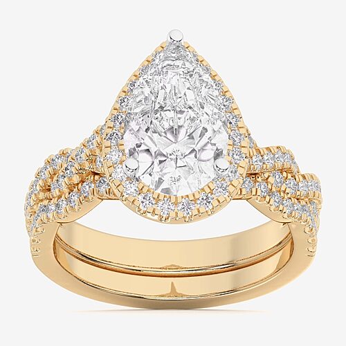 (G-H / Si1-Si2) Womens 3 3/4 CT. T.W. Lab Grown White Diamond 14K Gold Pear Side Stone Halo Bridal Set, 8, Yellow