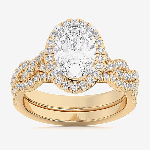(G-H / Si1-Si2) Womens 1 1/2 CT. T.W. Lab Grown White Diamond 14K Gold Oval Side Stone Halo Bridal Set, 9, Yellow