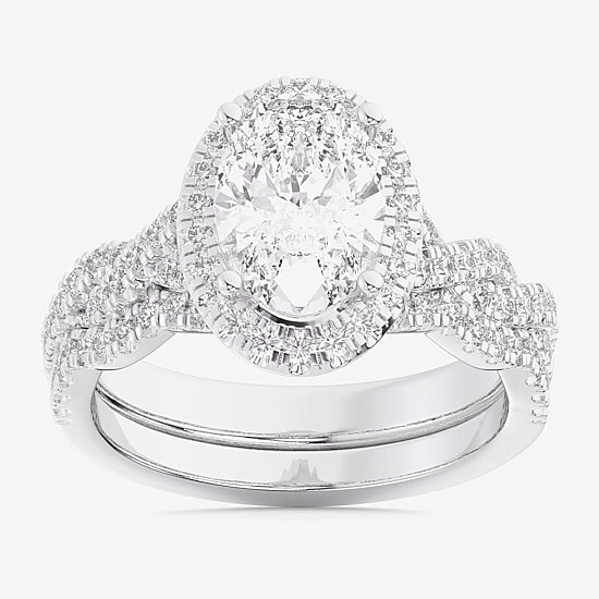 (G-H / Si1-Si2) Womens 2 3/4 CT. T.W. Lab Grown White Diamond 14K Gold Oval Side Stone Halo Bridal Set