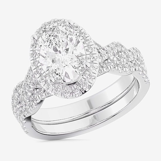 (G-H / Si1-Si2) Womens 2 3/4 CT. T.W. Lab Grown White Diamond 14K Gold Oval Side Stone Halo Bridal Set