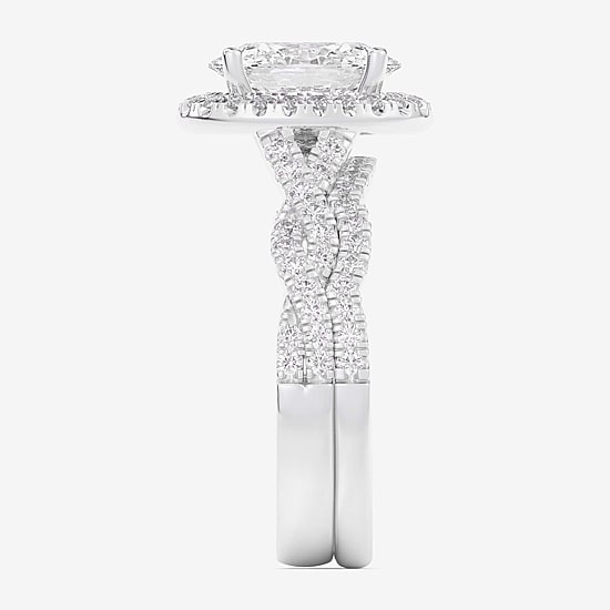 (G-H / Si1-Si2) Womens 2 3/4 CT. T.W. Lab Grown White Diamond 14K Gold Oval Side Stone Halo Bridal Set