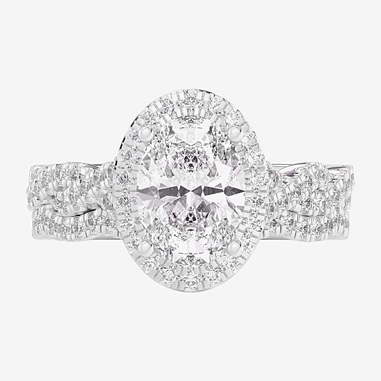 (G-H / Si1-Si2) Womens 2 3/4 CT. T.W. Lab Grown White Diamond 14K Gold Oval Side Stone Halo Bridal Set