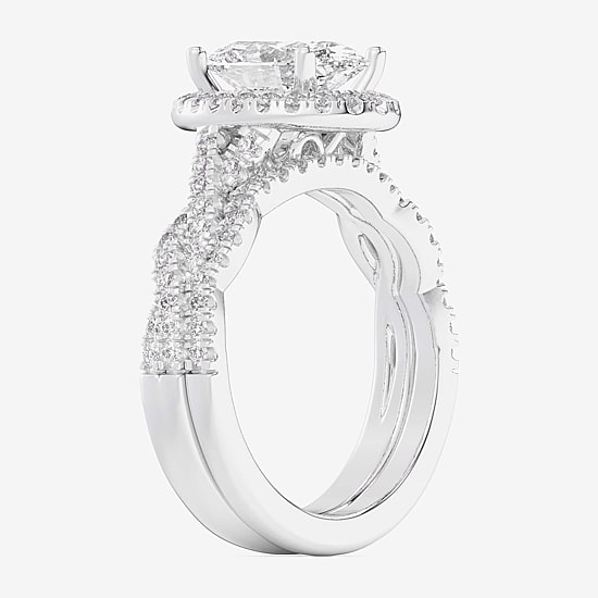 (G-H / Si1-Si2) Womens 2 3/4 CT. T.W. Lab Grown White Diamond 14K Gold Oval Side Stone Halo Bridal Set
