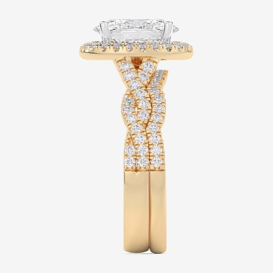 (G-H / Si1-Si2) Womens 3 3/4 CT. T.W. Lab Grown White Diamond 14K Gold Oval Side Stone Halo Bridal Set
