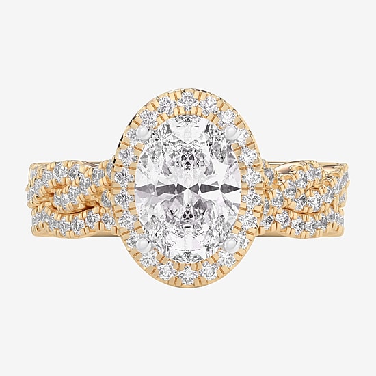 (G-H / Si1-Si2) Womens 3 3/4 CT. T.W. Lab Grown White Diamond 14K Gold Oval Side Stone Halo Bridal Set