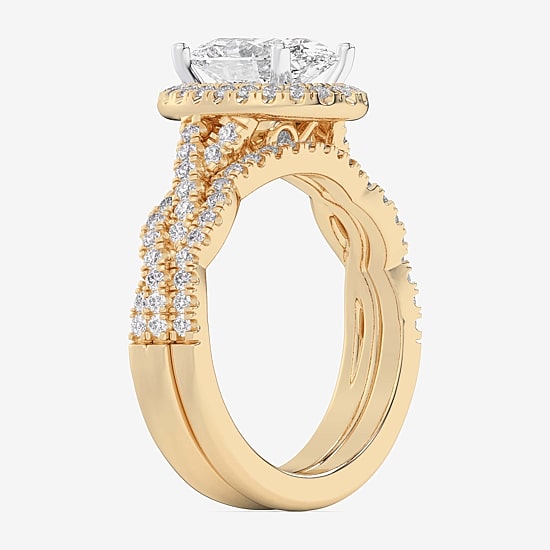 (G-H / Si1-Si2) Womens 3 3/4 CT. T.W. Lab Grown White Diamond 14K Gold Oval Side Stone Halo Bridal Set