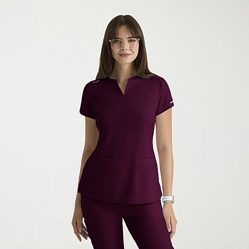 Skechers Skt259 Coast 2-Pocket Top Womens V Neck Short Sleeve Tag Free Stretch Fabric MOISTURE_WICKING Scrub Top, X-small, Red