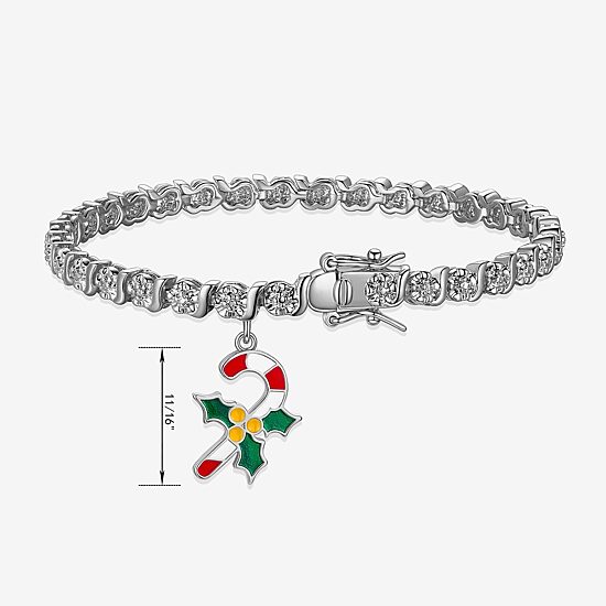 Sparkle Allure Candy Cane Charm Womens Natural White Diamond Accent Pure Silver Over Brass 7.25 Inch Tennis Bracelet