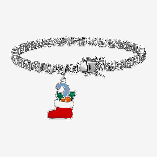 Sparkle Allure Stocking Charm Womens Natural White Diamond Accent Pure Silver Over Brass 7.25 Inch Tennis Bracelet