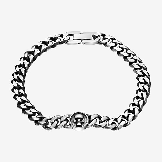 Mens Stainless Steel 8 1/2 Inch Solid Curb Skull Chain Bracelet