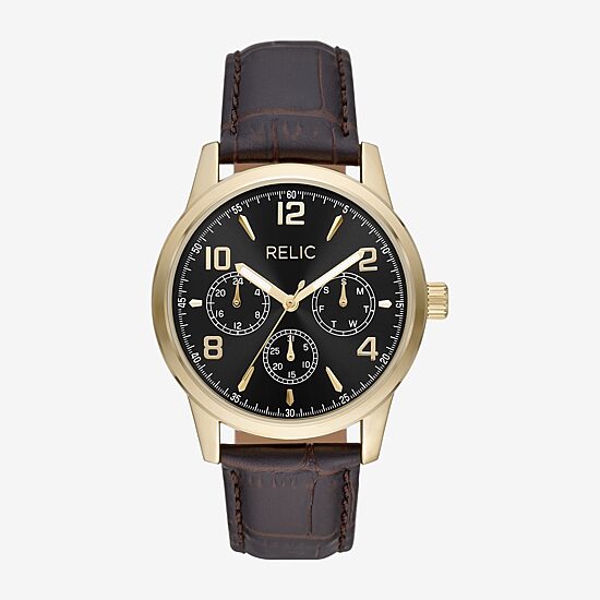 Relic By Fossil Rutherford Mens Multi-Function Brown Leather Strap Watch Zr15975