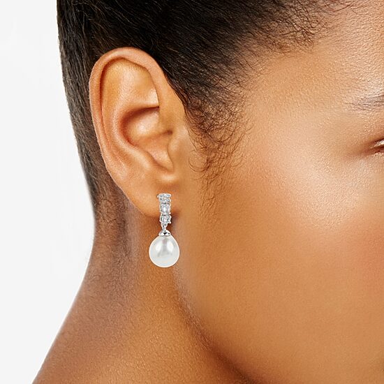 Womens White Cultured Freshwater Pearl Sterling Silver Drop Earrings