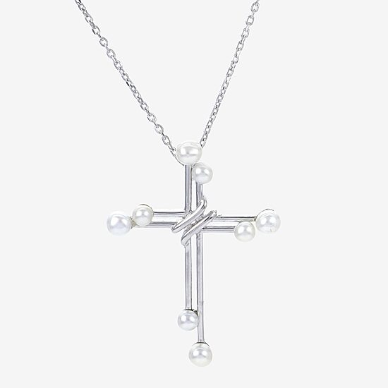 Womens White Cultured Freshwater Pearl Sterling Silver Cross 18 Inch Pendant Necklace