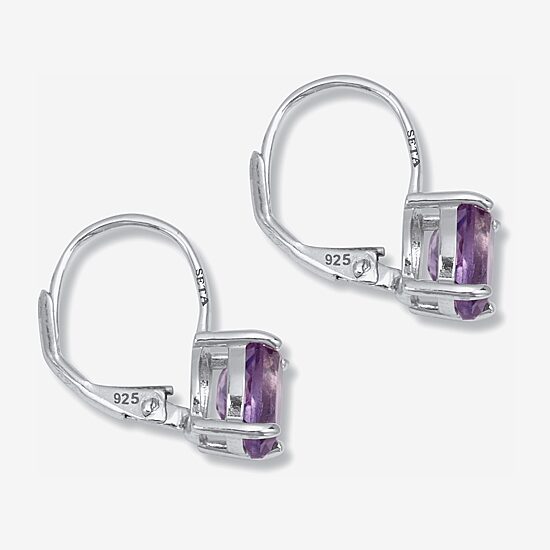 Womens Genuine Purple Amethyst Sterling Silver Oval Drop Earrings
