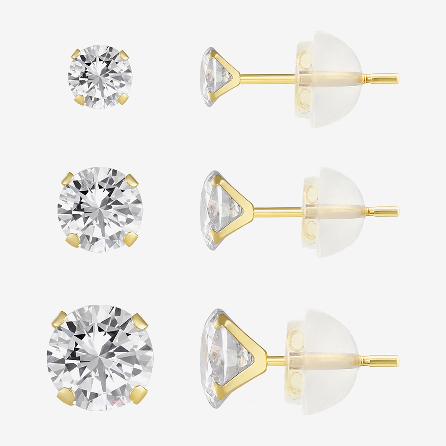 Womens Cubic Zirconia 10K Gold Round 3 Pair Earring Set