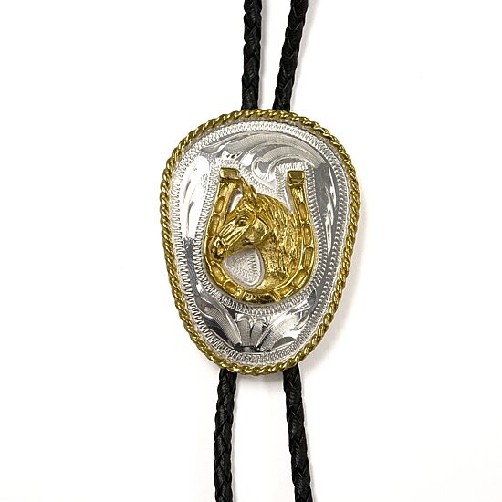 Western Express Horse Head In Horseshoe German Silver Oval Tie