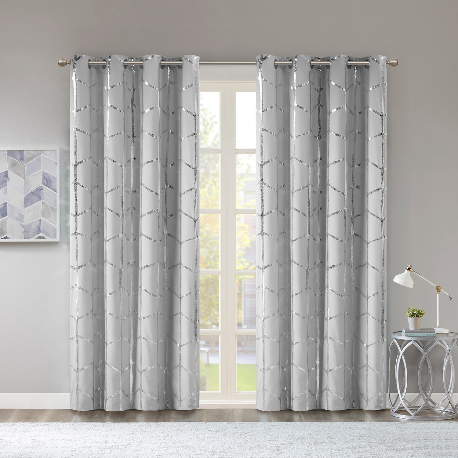 Intelligent Design Khloe Geometric Metallic Grommet Top Energy Saving 100% Blackout Set of 2 Curtain Panel