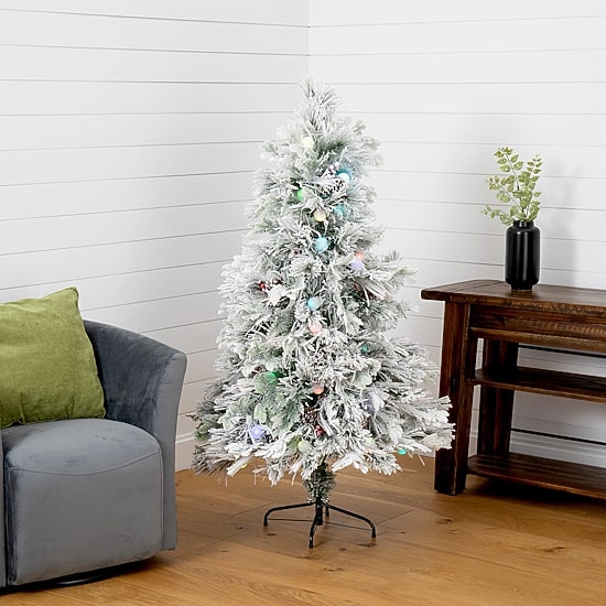 Nearly Natural Fiber Optic Faux 5 Foot Pre-Lit Flocked Pine Christmas Tree