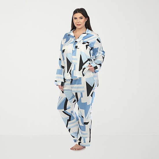 White Mark Womens Satin Long Sleeve 2-pc. Plus Pajama Set
