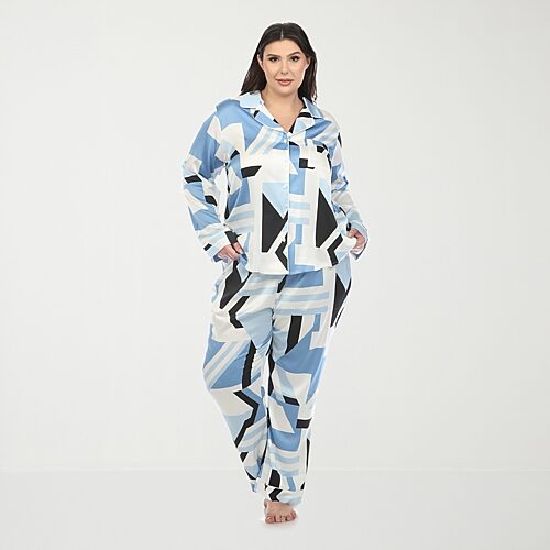 White Mark Womens Satin Long Sleeve 2-pc. Plus Pajama Set, 2x, Blue