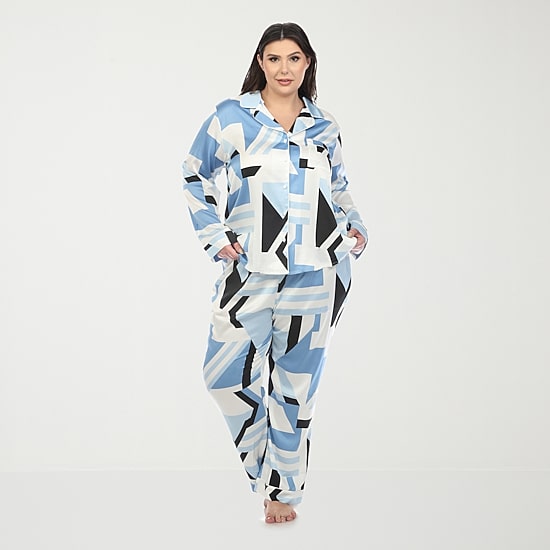 White Mark Womens Satin Long Sleeve 2-pc. Plus Pajama Set