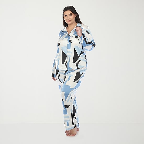 White Mark Womens Satin Long Sleeve 2-pc. Plus Pajama Set