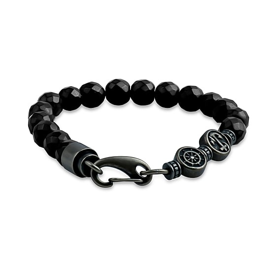 Mens Genuine Gray Hematite Stainless Steel Beaded Bracelet