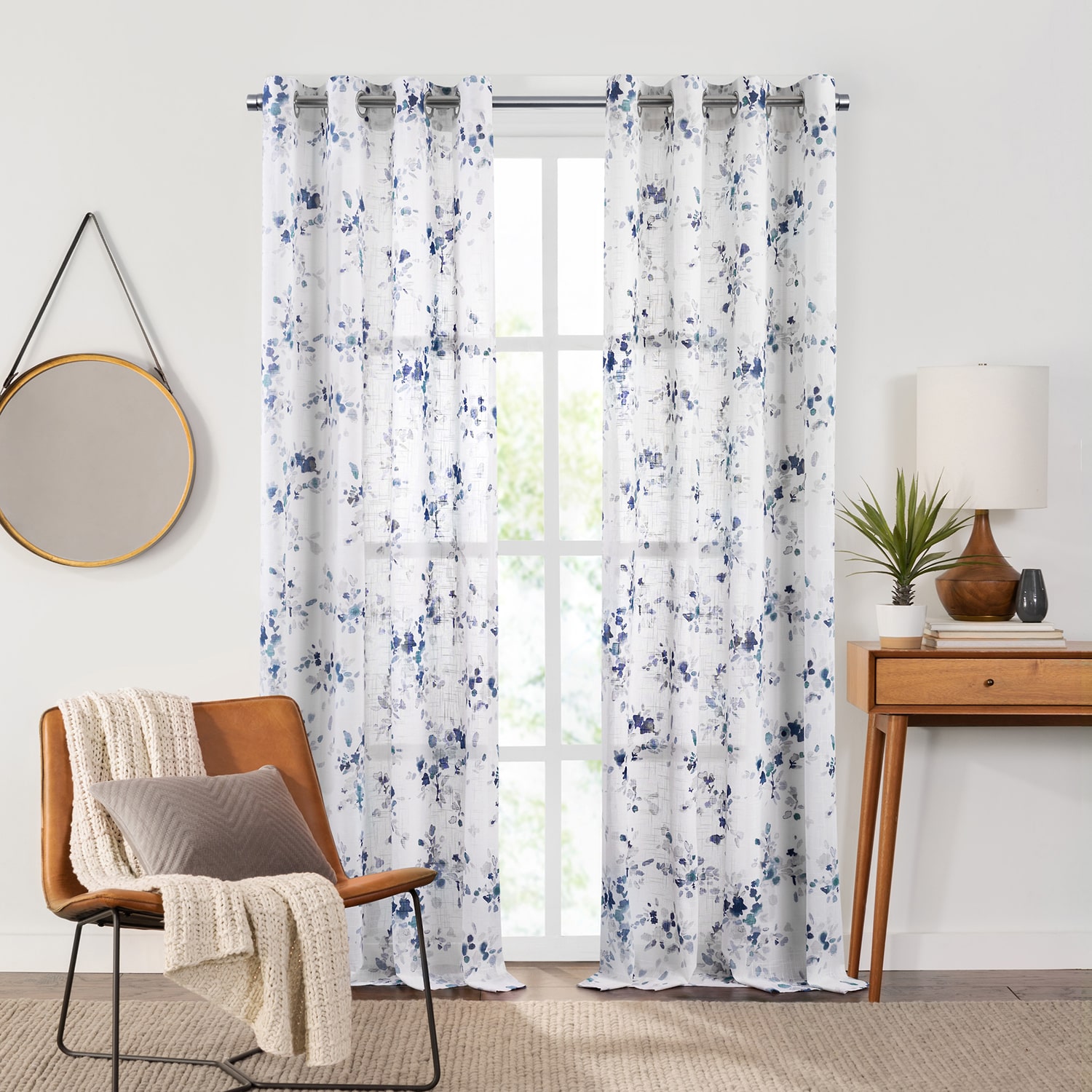 Fieldcrest Arden Watercolor Bouquet Cotton Grommet Top Sheer Single Curtain Panel