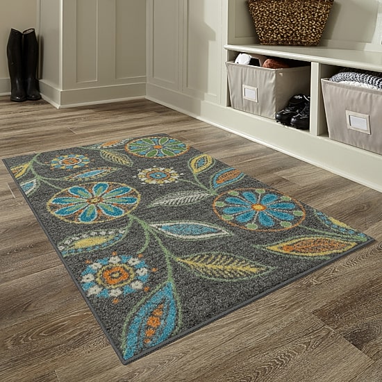 Maples Modern Floral Collection Washable Skid Resistant Indoor Rectangular Accent Rug