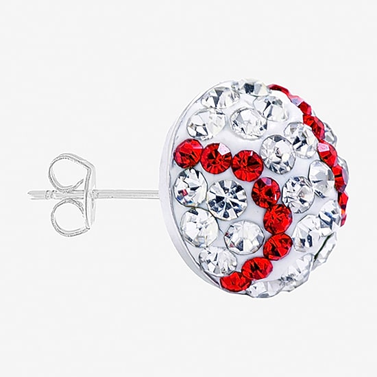 Silver Treasures Baseball Red Crystal Sterling Silver 9mm Stud Earrings
