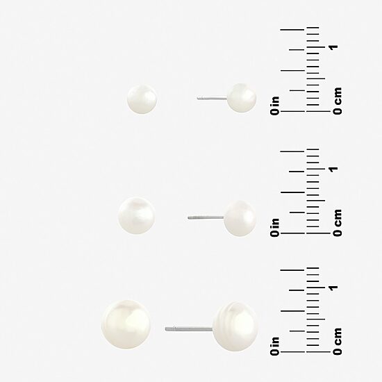 Silver Treasures Womens White Cultured Freshwater Pearl Sterling Silver Ball 3 Pair Earring Set