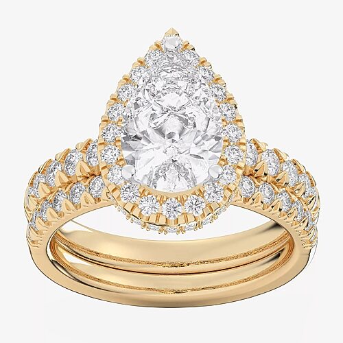 (G-H / Si1-Si2) Womens 4 1/4 CT. T.W. Lab Grown White Diamond 14K Gold Pear Side Stone Halo Bridal Set, 9, Yellow