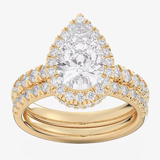 (G-H / Si1-Si2) Womens 4 1/4 CT. T.W. Lab Grown White Diamond 14K Gold Pear Side Stone Halo Bridal Set