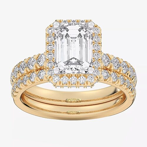 (G-H / Si1-Si2) Womens 1 5/8 CT. T.W. Lab Grown White Diamond 14K Gold Side Stone Halo Bridal Set, 9, Yellow