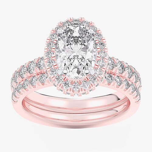 (G-H / Si1-Si2) Womens 1 5/8 CT. T.W. Lab Grown White Diamond 14K Gold Oval Side Stone Halo Bridal Set, 9, Rose