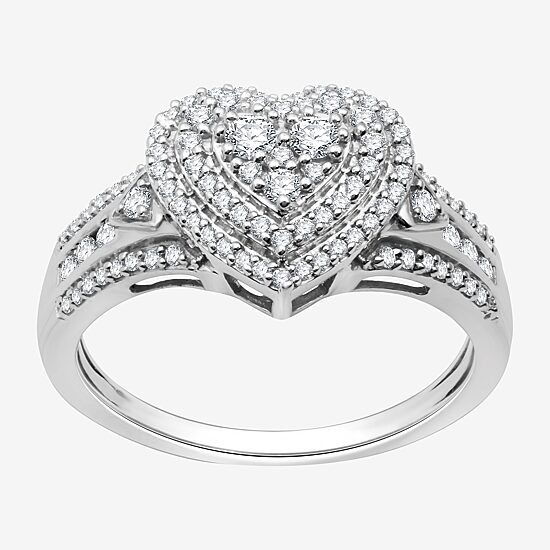 Womens 1/2 CT. T.W. Lab Grown White Diamond Sterling Silver Heart Halo Side Stone Cocktail Ring