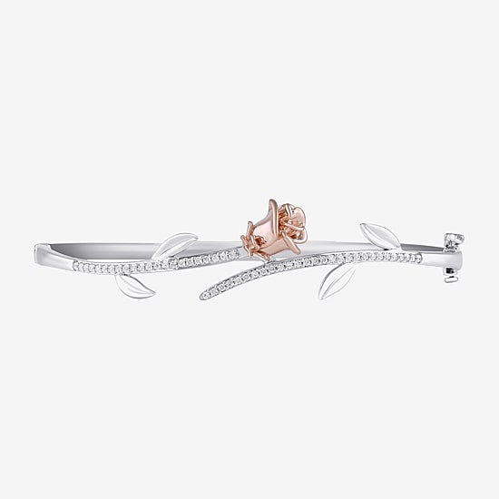 Womens 1/4 CT. T.W. Natural White Diamond 14K Rose Gold Over Silver Sterling Silver Flower Beauty and the Beast Belle Princess Bangle Bracelet